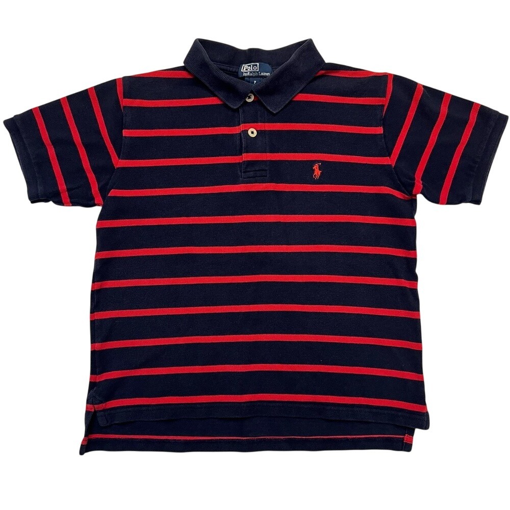 Polo Ralph Lauren Navy Blue and Red Striped Polo Shirt 100% Cotton Kid's Size 7 - Picture 1 of 7